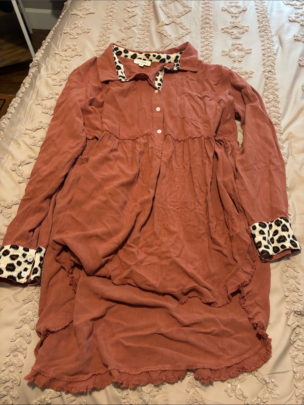 Umgee Rust-Pink Button Front Tunic with Leopard Trim